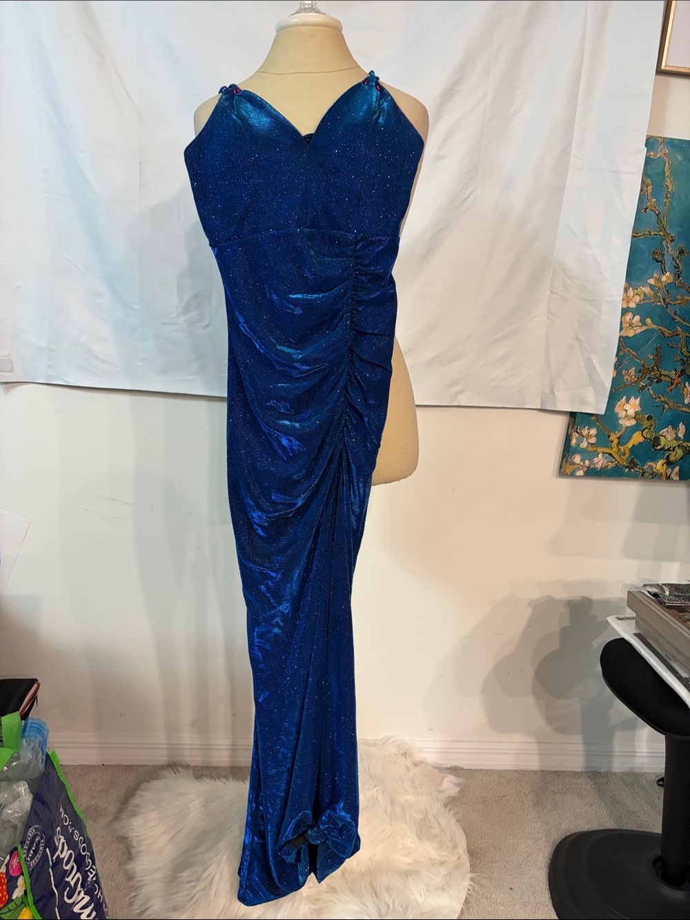 Windsor Royal Blue Sparkle Ruched Halter Gown